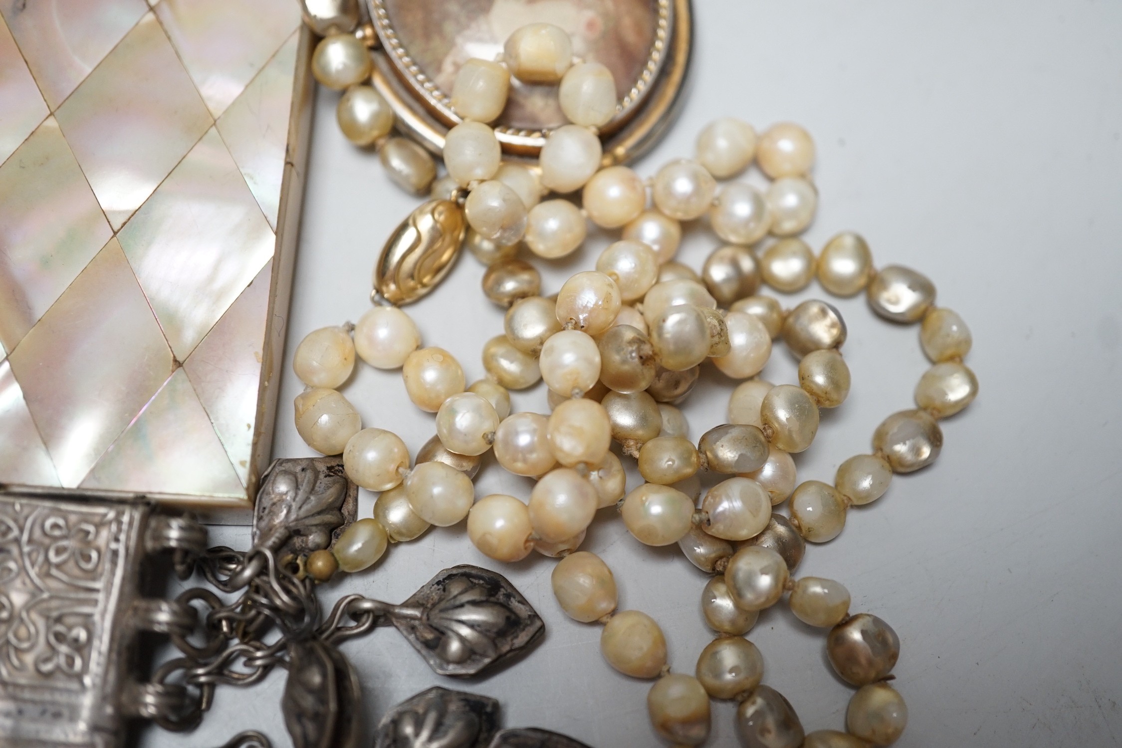 A collection of Victorian and later costume jewellery and a mother of pearl card case.